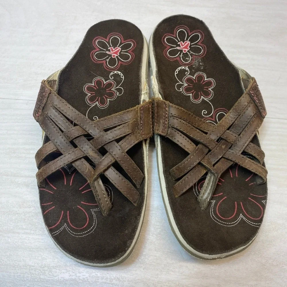 Cushe Womens 9 Slide Sandals Strappy Woven Leather Floral Brown Casual Boho